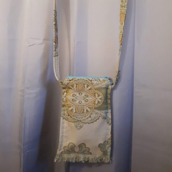 New Coastal Tapestry Sling Crossbody Purse Bag Ivory Sage Blue Boho pouch purse - Picture 1 of 10